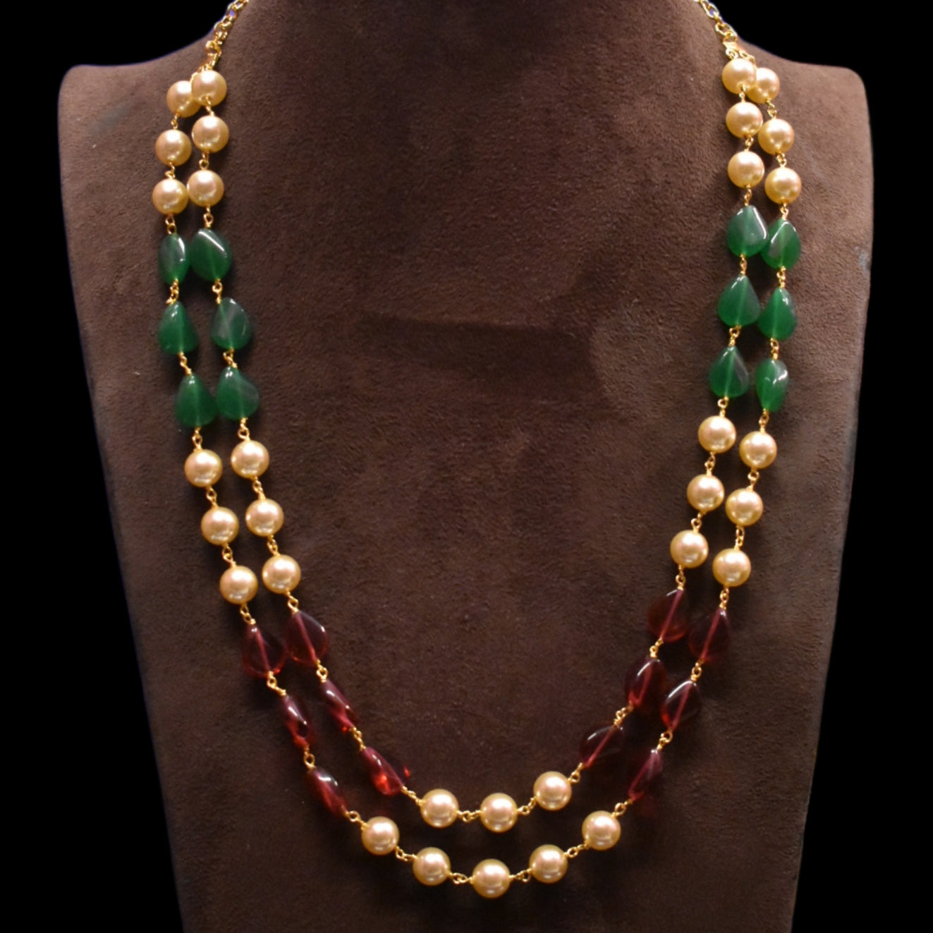 "Elegant Elegance: Double Layered Pearl, Ruby, and Emerald Necklace for Timeless Style"