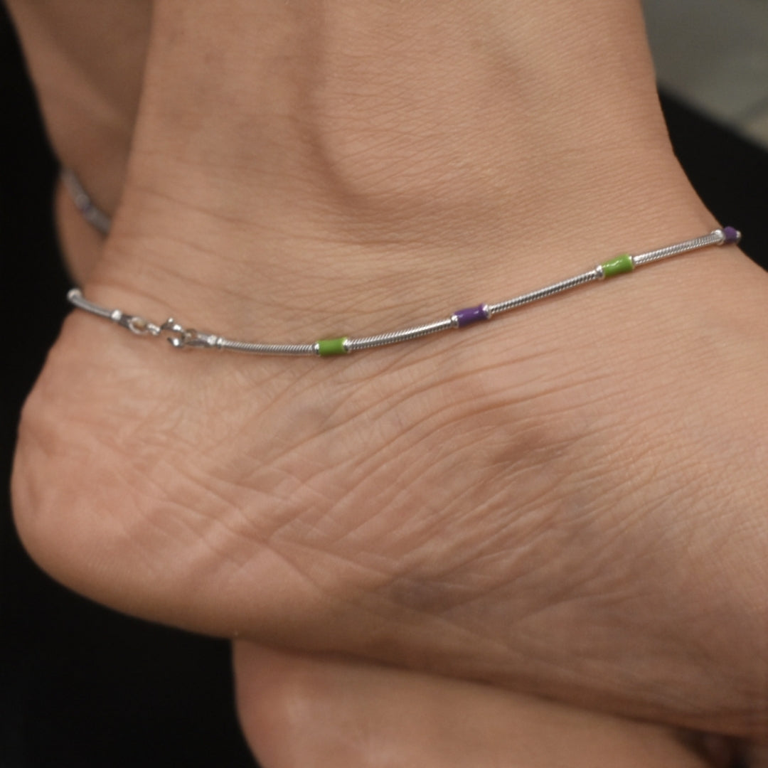 925 Sterling Silver Minimal Anklet with Enamel - Chic Charm Design for Women