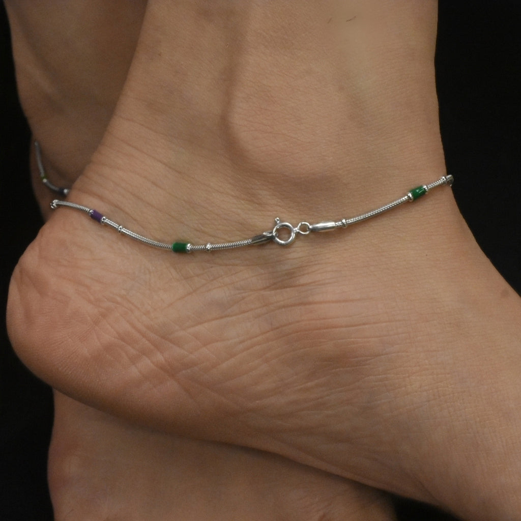 925 Sterling Silver Enamel Anklet for Women - Thin Colorful Payal
