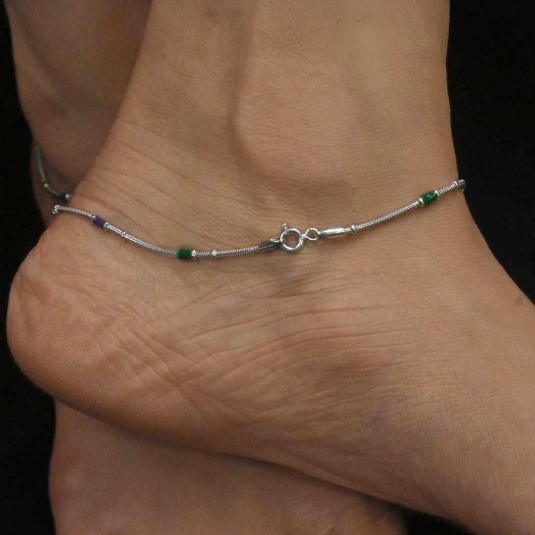 925 Sterling Silver Enamel Anklet for Women - Thin Colorful Payal