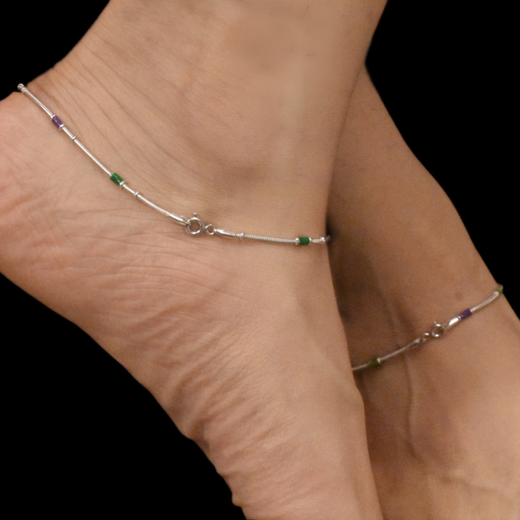 925 Sterling Silver Enamel Anklet for Women - Thin Colorful Payal