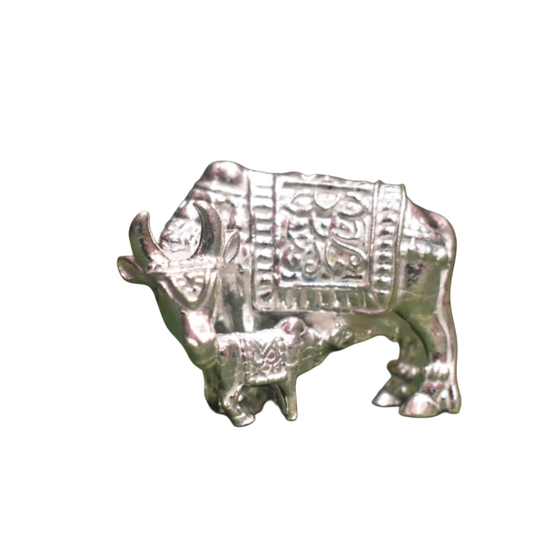 Pure Silver Kamdhenu Cow and Calf Idol - Handcrafted Sacred Statue