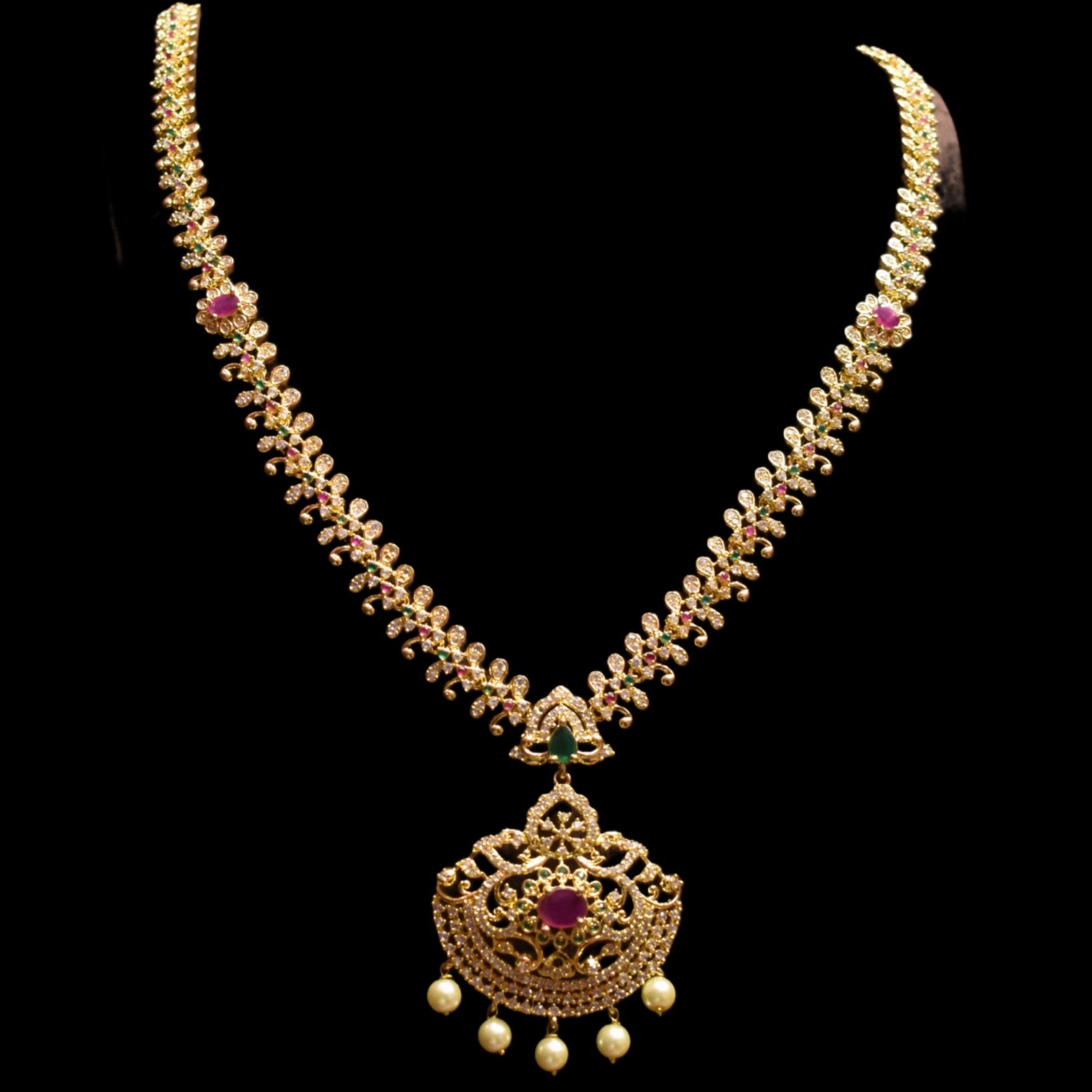 CZ Gold Plated Long Necklace Set - Elegant Wedding Jewelry with Pearls