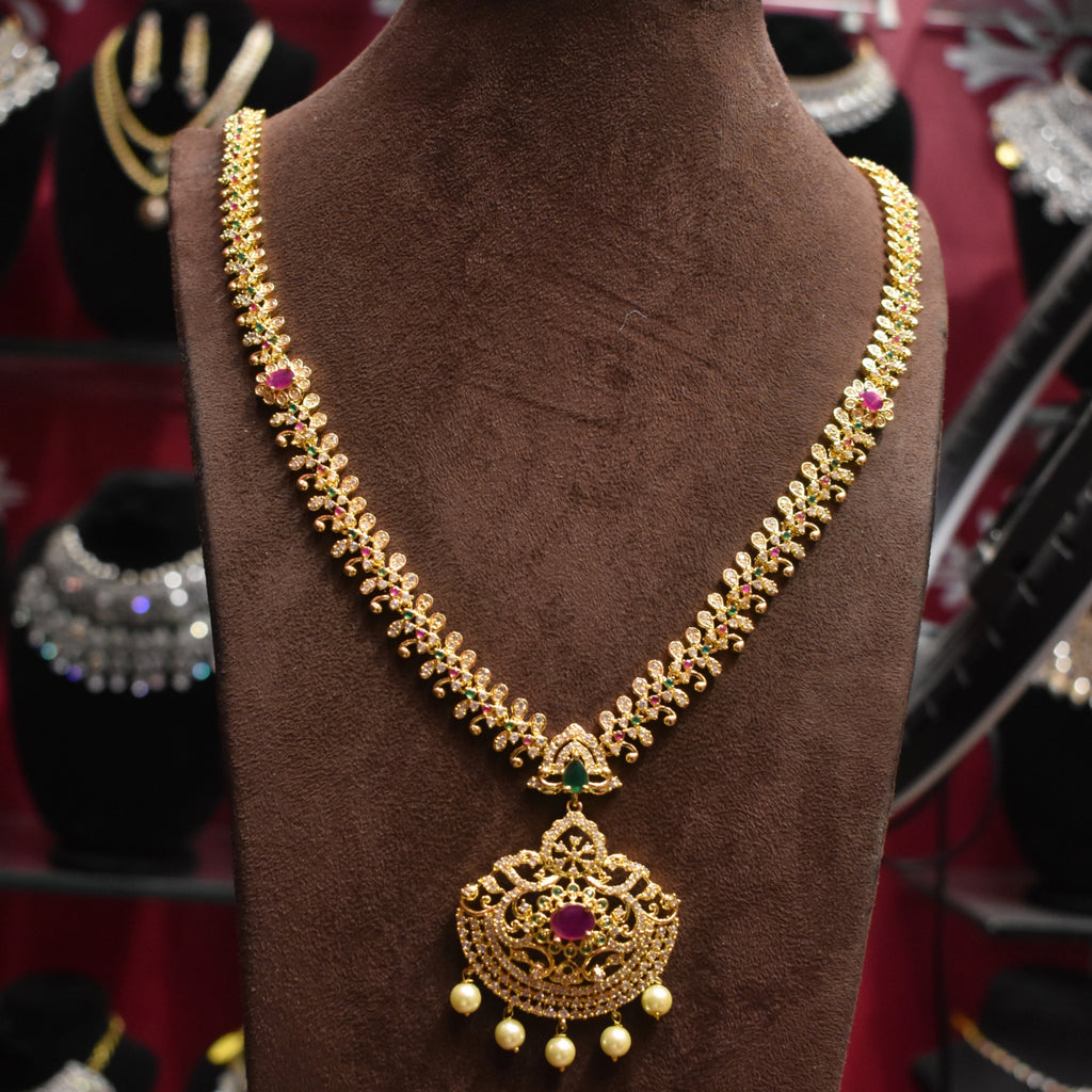 CZ Gold Plated Long Necklace Set - Elegant Wedding Jewelry with Pearls