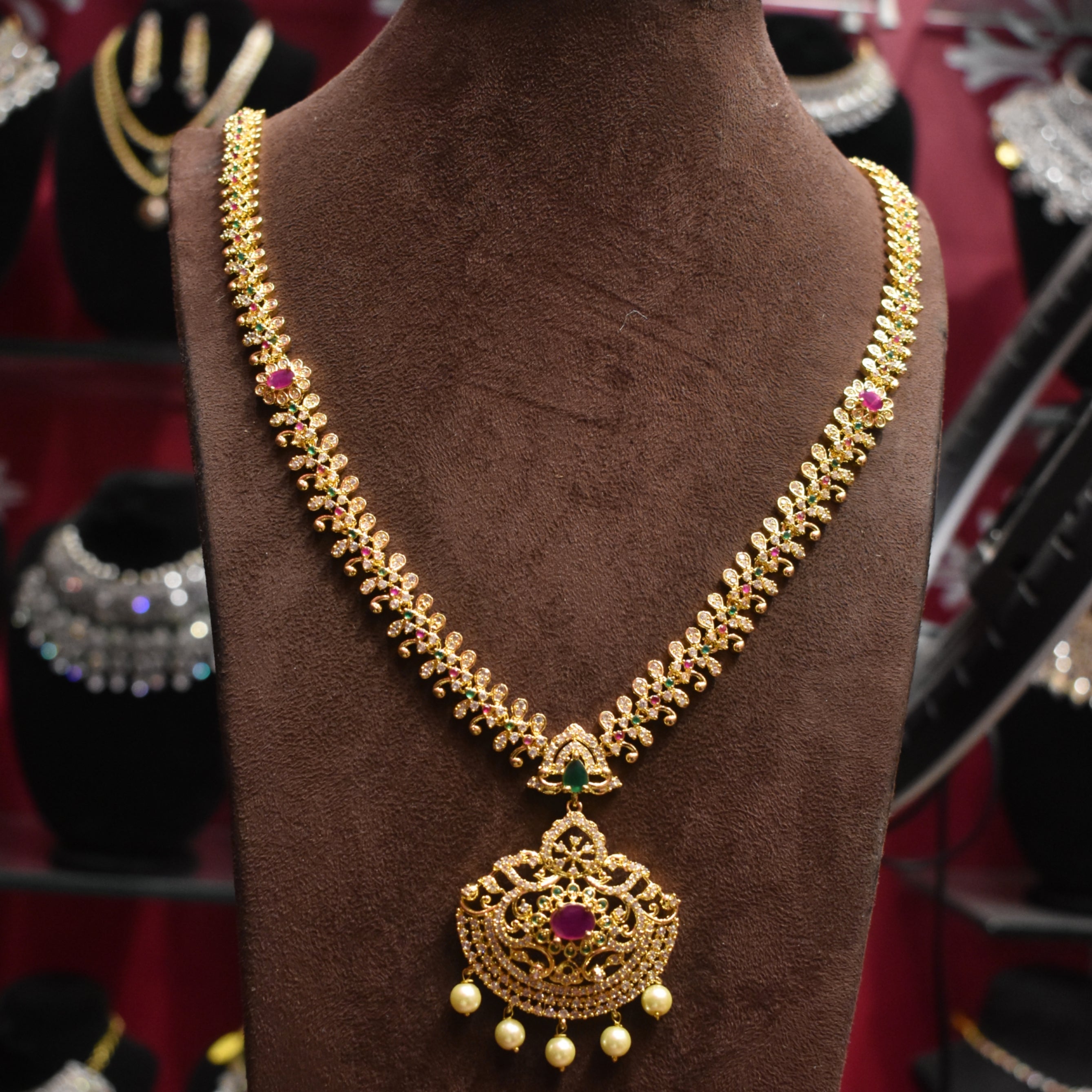 CZ Gold Plated Long Necklace Set - Elegant Wedding Jewelry with Pearls