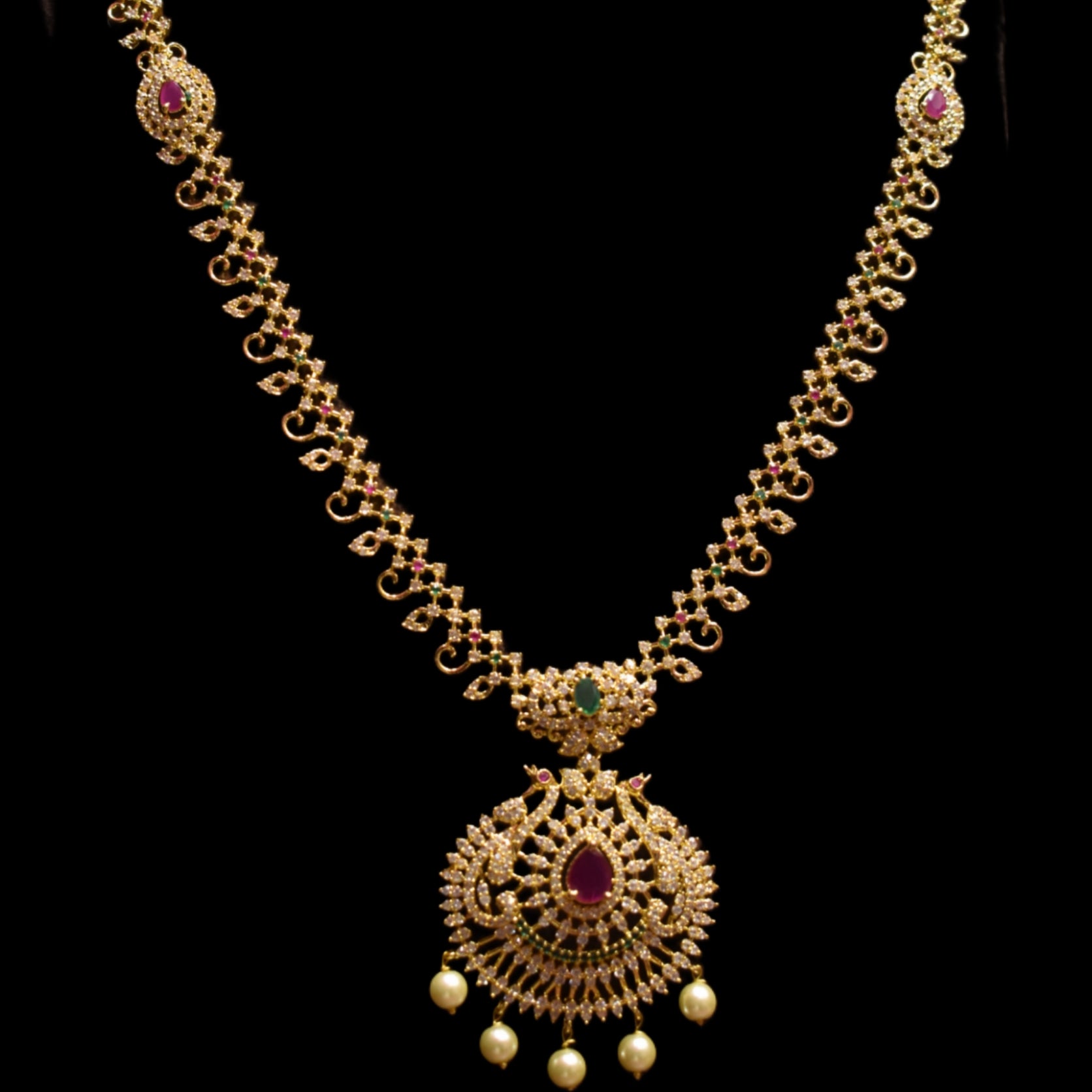 CZ Gold Plated Long Necklace Set - Traditional Temple Jewelry Design