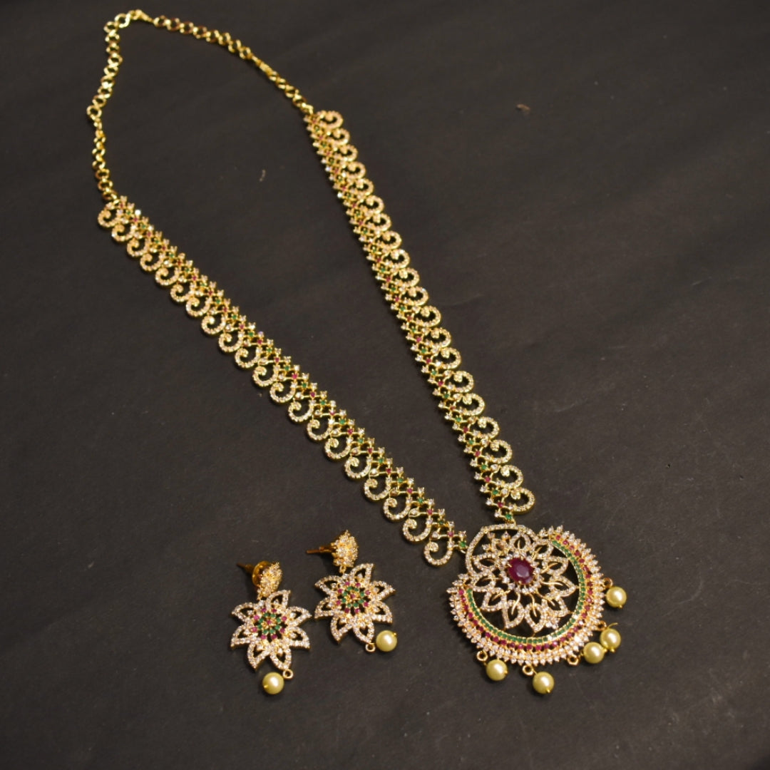 CZ Gold Plated Long Necklace Set - Luxury Bridal Wedding Jewelry