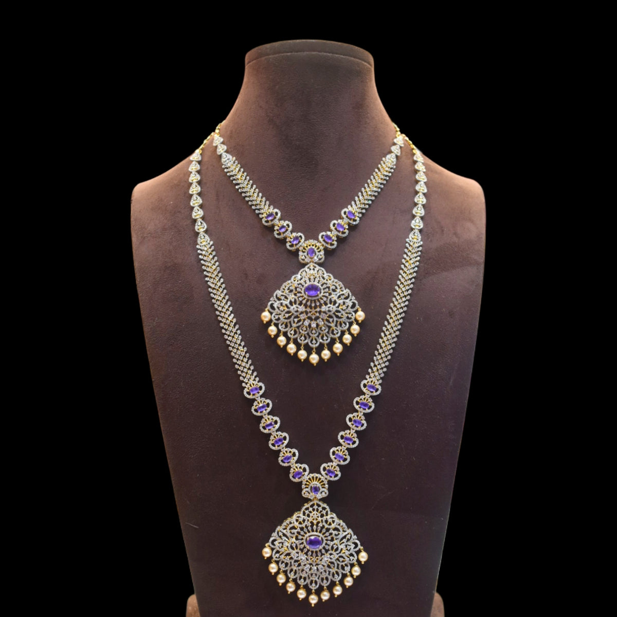 Asp Purple Zircon Duo - Long Necklace and Short Necklace Combo Set