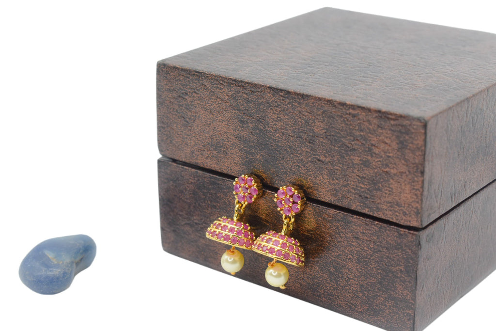 Gold-Plated Ruby CZ Flower Jhumka Earrings | Floral Stud with Pearl Drop
