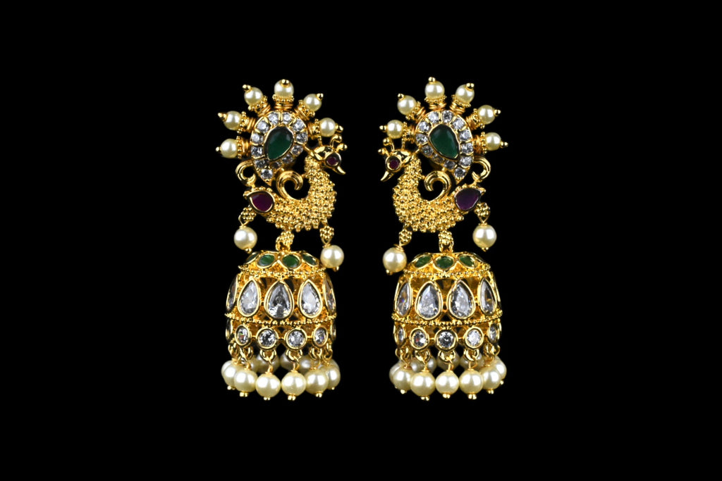 Saaket Peacock Jhumka Earrings | Gold Plated Kundan CZ with Emerald, Ruby & Pearl Drops