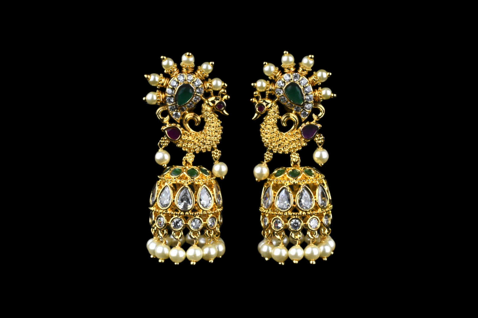 Saaket Peacock Jhumka Earrings | Gold Plated Kundan CZ with Emerald, Ruby & Pearl Drops