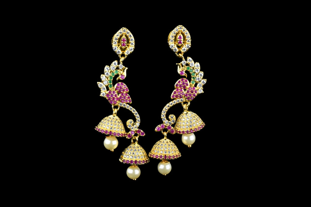 Rohak Peacock Jhumka Earrings | Gold Plated Ruby CZ Stone with Pearl Drops