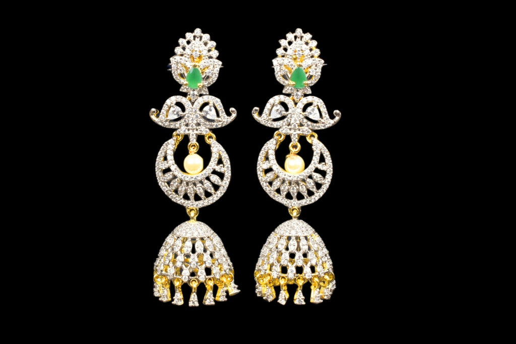 Peacock Chandbali Jhumka Earrings with American Diamonds & Pearl