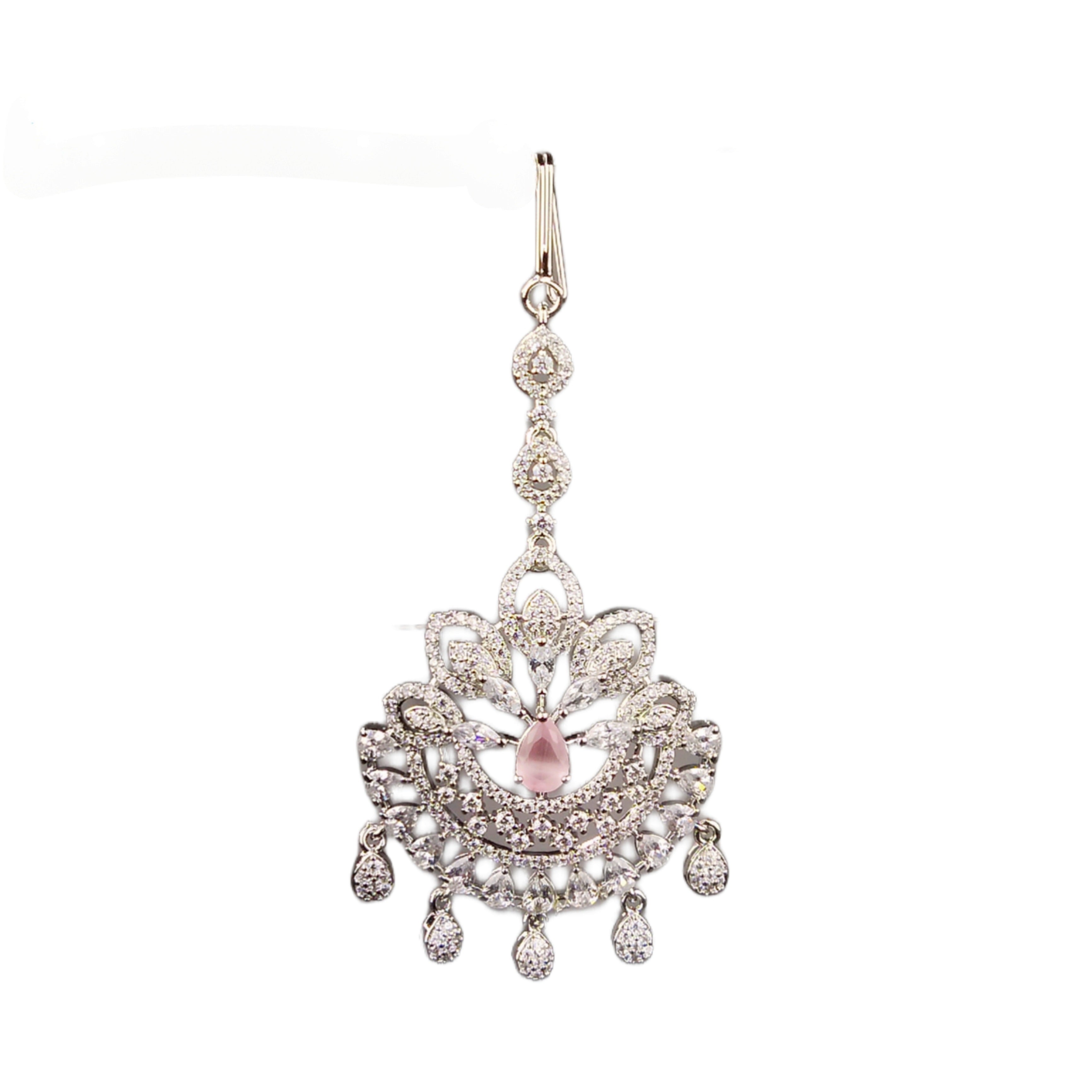 White Rhodium Plated Maang Teeka with American Diamond - Elegant Silver Bridal Jewelry