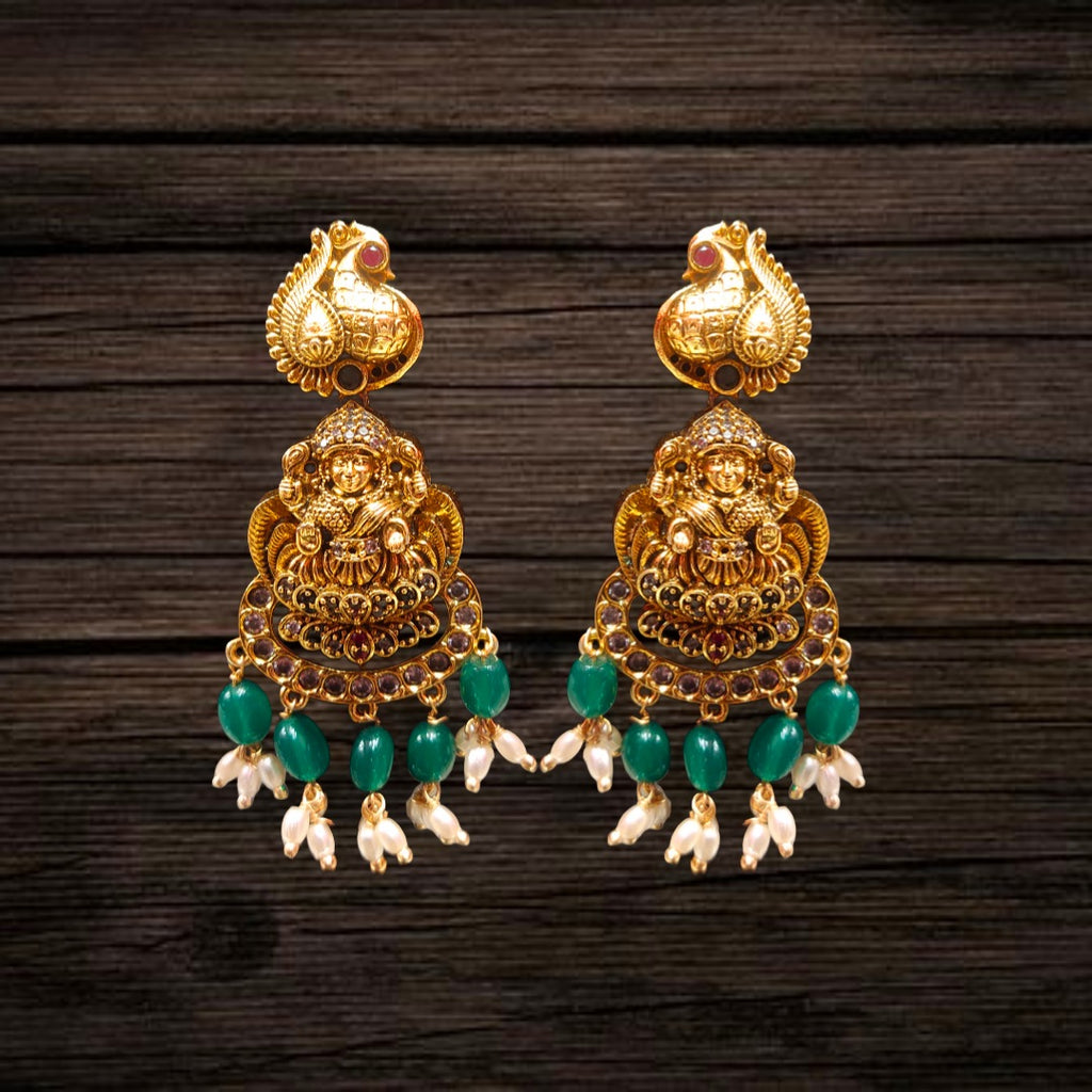 Antique Nakshi Kanti Necklace | Laxmi Pendant with Emerald Pearl Beads