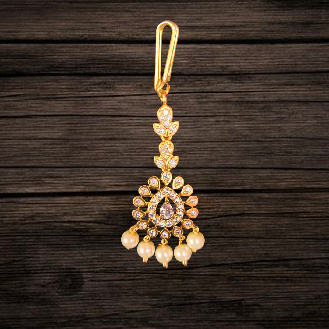 Elegant CZ Maang Teeka with Pearl Drops - 24K Gold Plated Bridal Jewelry