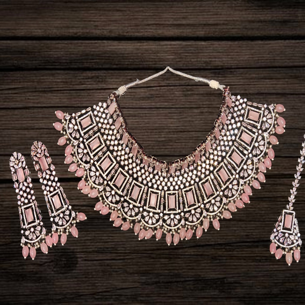 Pink Zircon Victorian Choker Set with Maang Tikka - 3 Piece Bridal Jewelry