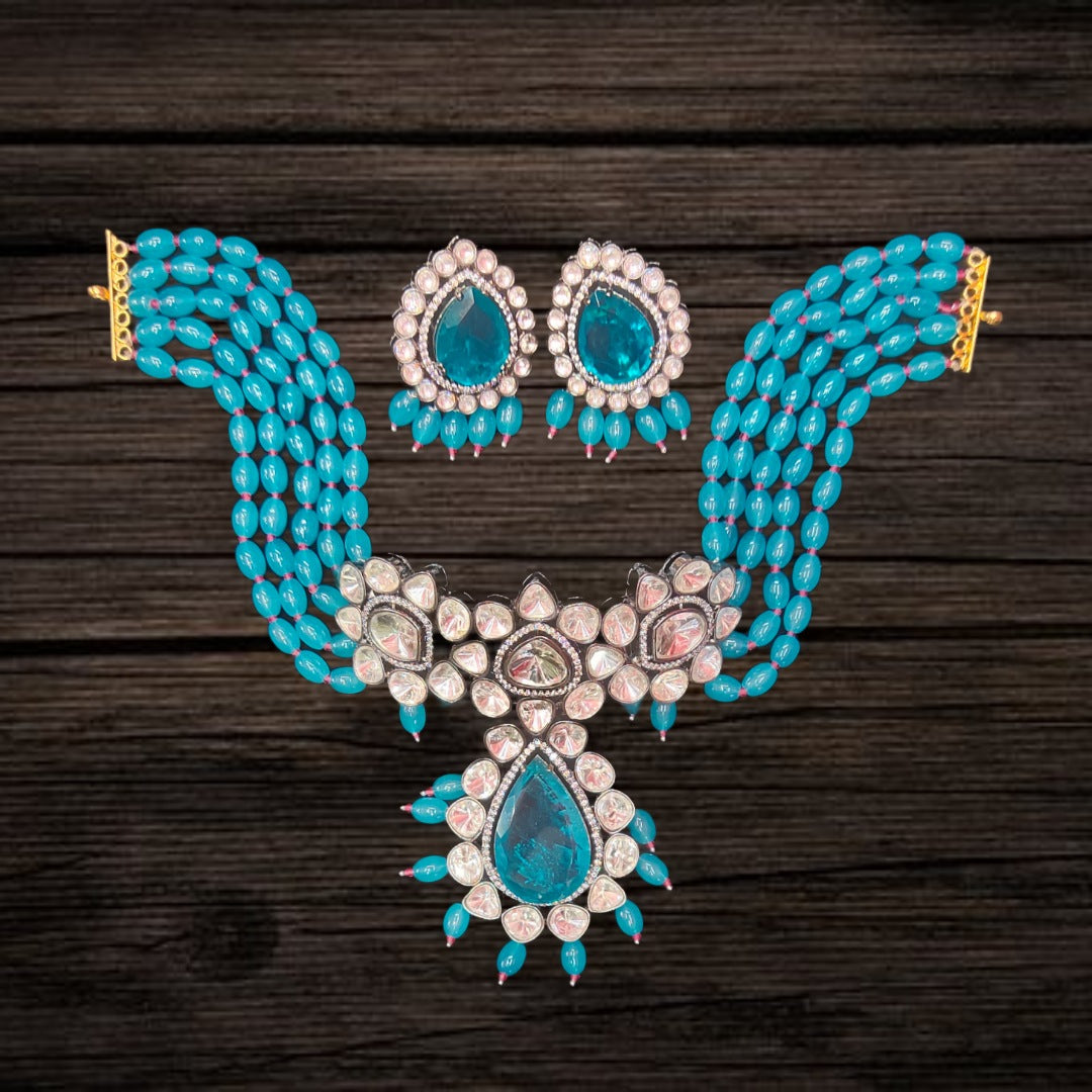 Turquoise Victorian Choker Set with Moissanite Kundan Brooch - 4 Line Beads