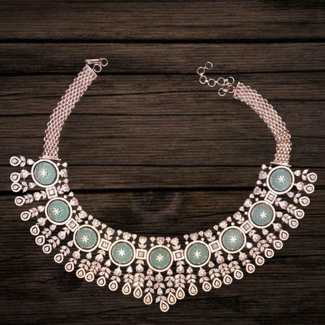 American Diamond With Carved Emerald Flower Stone Necklace Set By Asp Fashion Jewellery