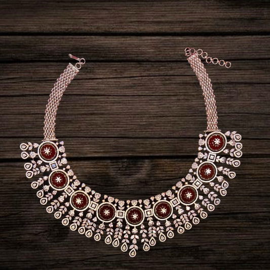 American Diamond With Carved Ruby Flower Stone Necklace Set By Asp Fashion Jewellery