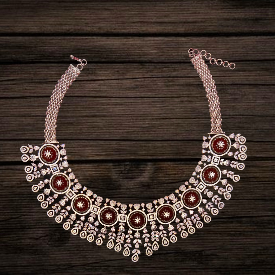 American Diamond With Carved Ruby Flower Stone Necklace Set By Asp Fashion Jewellery