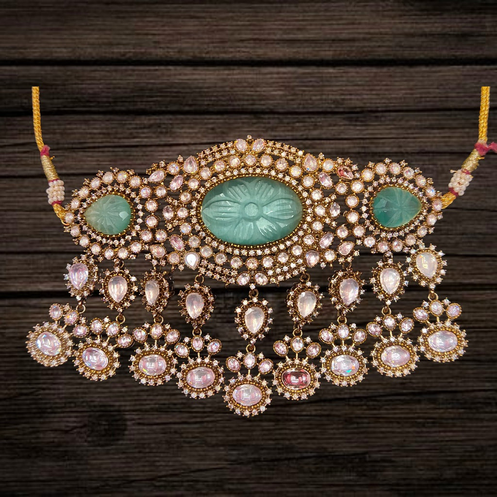 Turquoise & Kundan Victorian Choker Set - 3 Carved Stones Royal Design