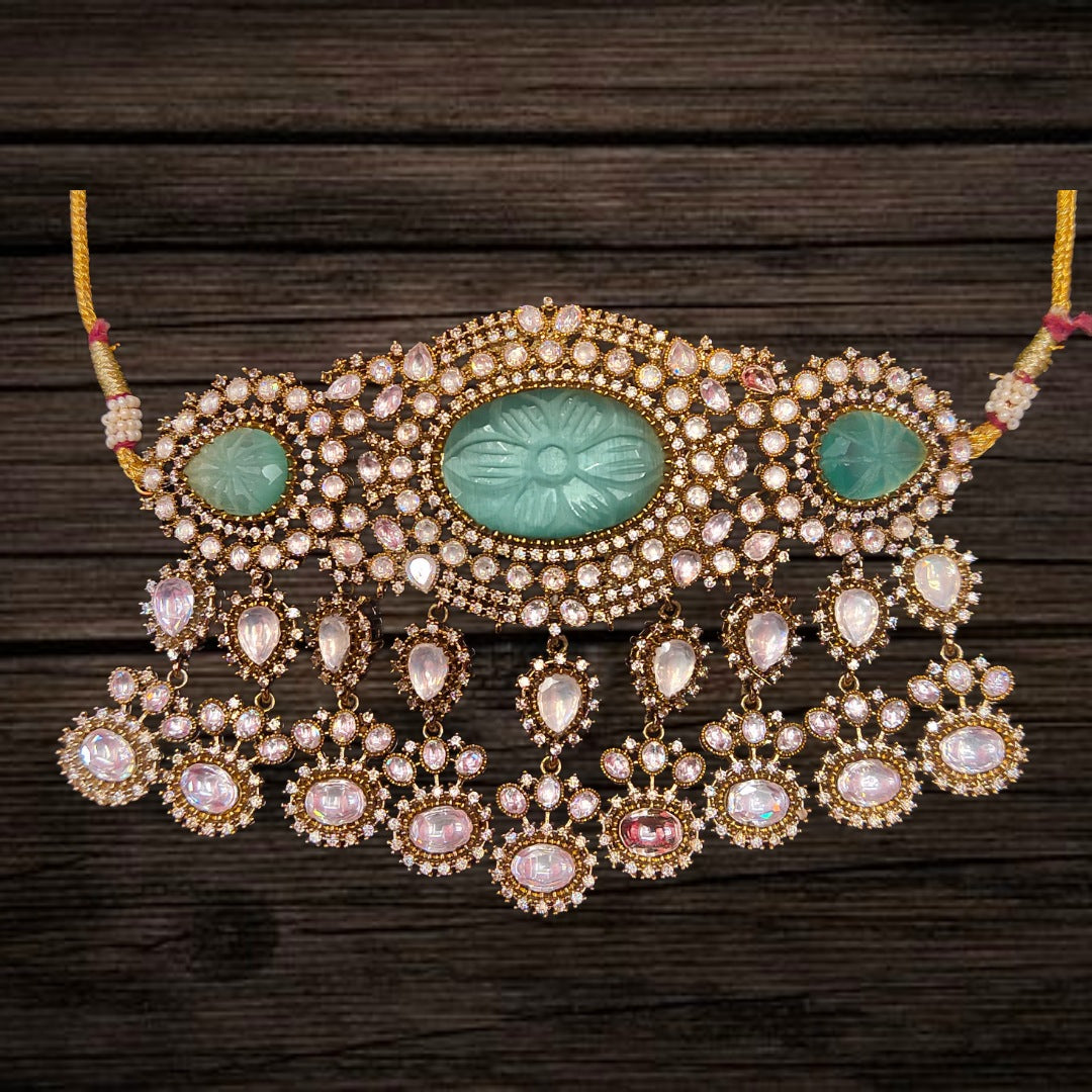 Turquoise & Kundan Victorian Choker Set - 3 Carved Stones Royal Design