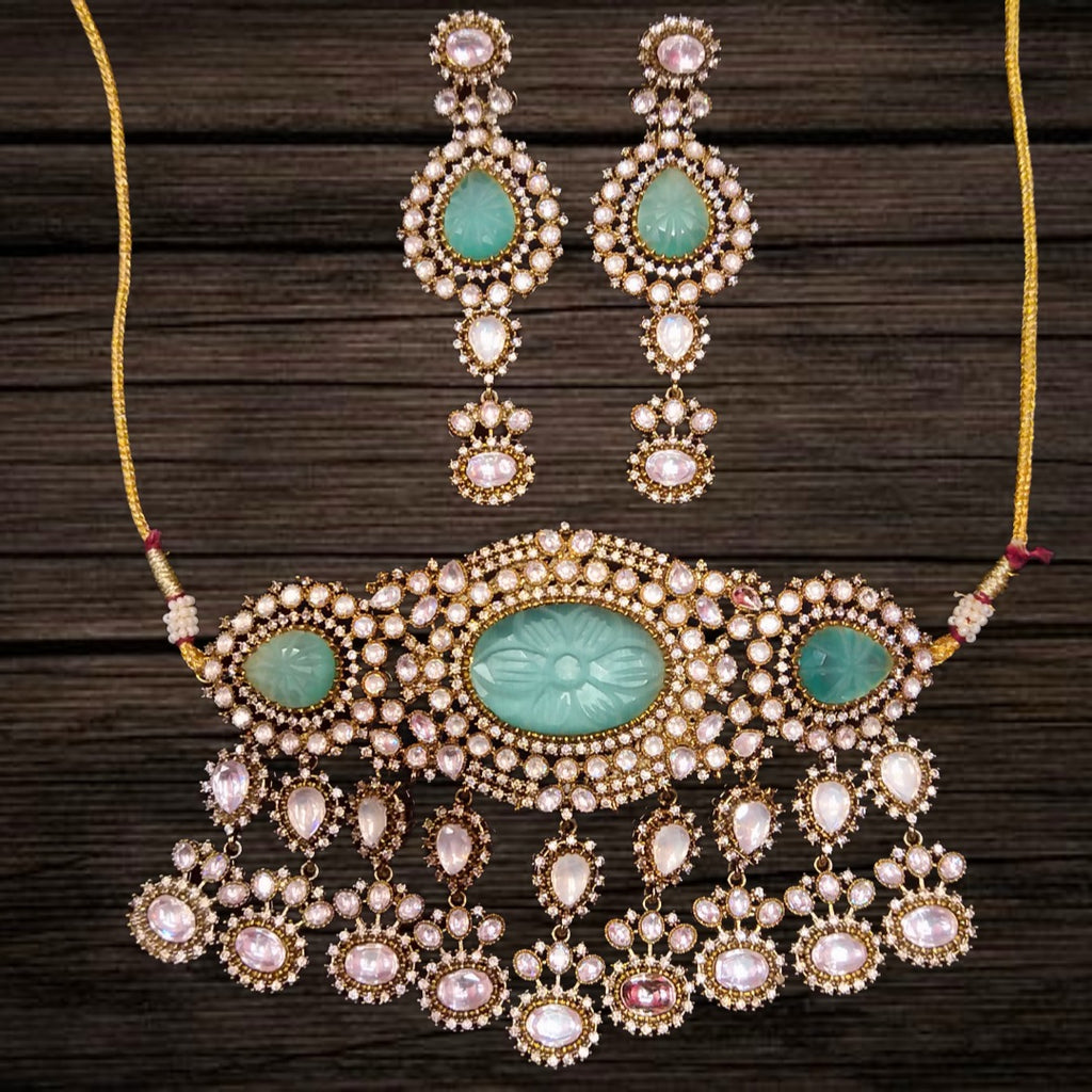 Turquoise & Kundan Victorian Choker Set - 3 Carved Stones Royal Design