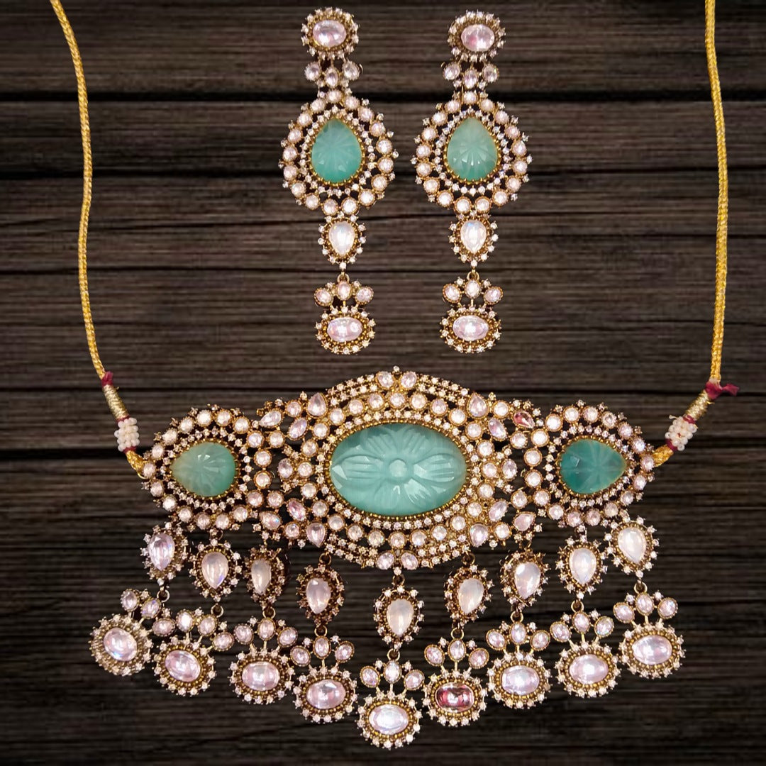Turquoise & Kundan Victorian Choker Set - 3 Carved Stones Royal Design