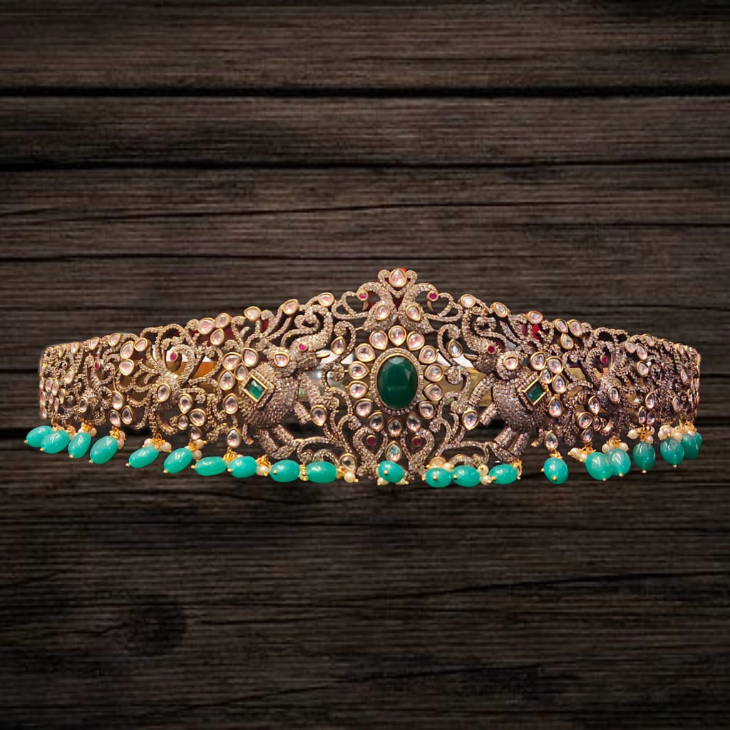Victorian Diamond Vaddanam - Elegant Bridal Waist Belt with Emerald Beads