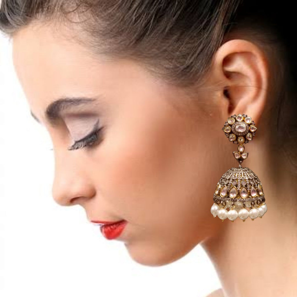 Moissanite Victorian Jhumka with Pearl Beads - Classic Kundan Wedding Earrings