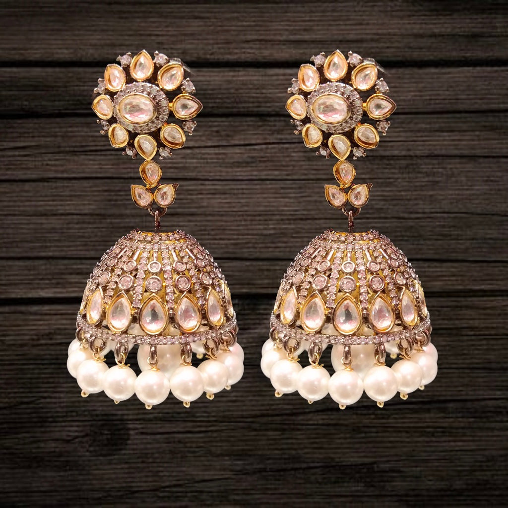 Moissanite Victorian Jhumka with Pearl Beads - Classic Kundan Wedding Earrings