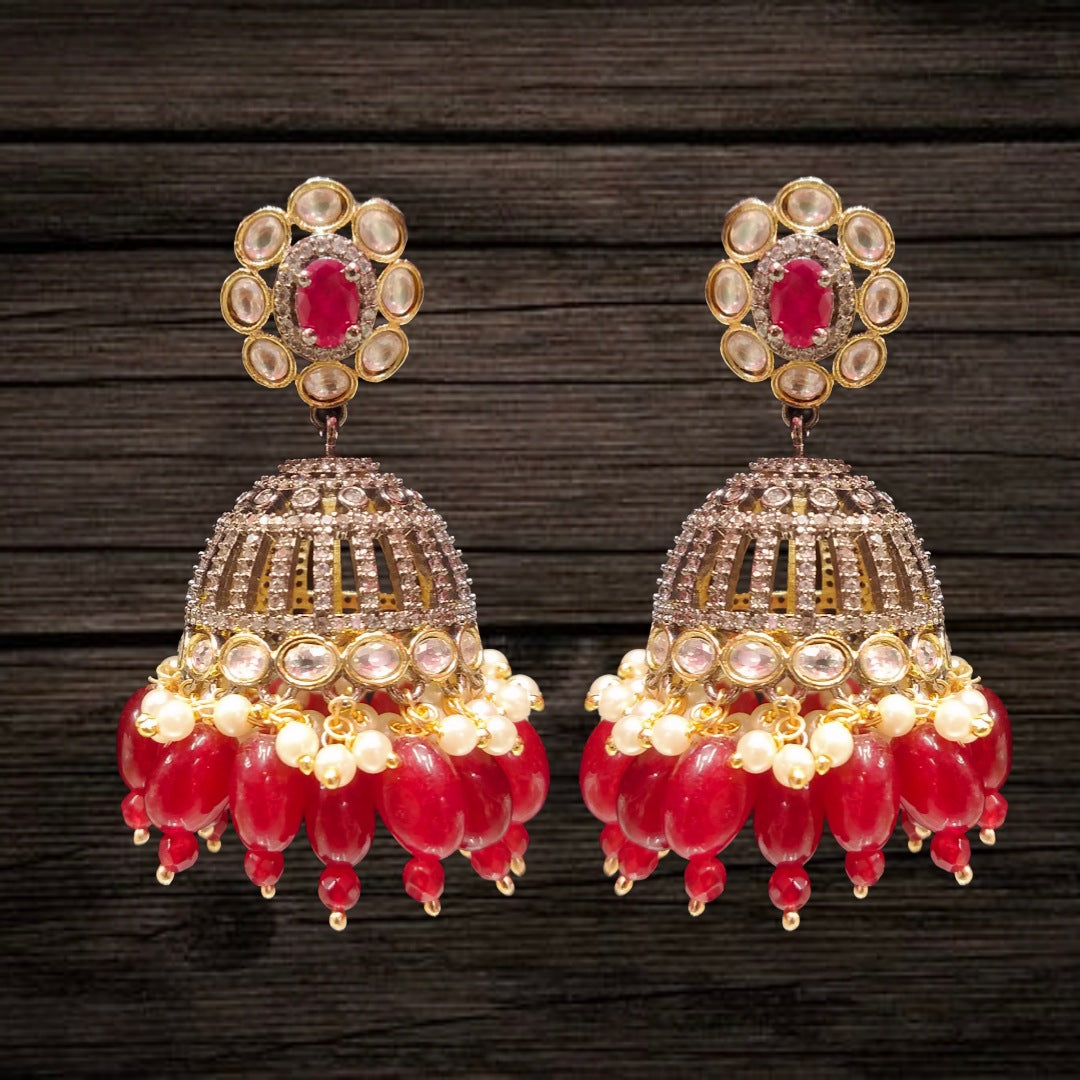 Moissanite Victorian Jhumka with Ruby Beads - Red Pearl Bridal Earrings
