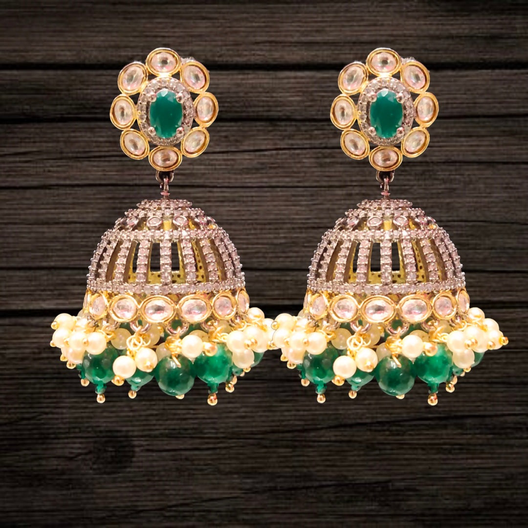 Moissanite Victorian Jhumka with Emerald Pearl Beads - Green Kundan Earrings