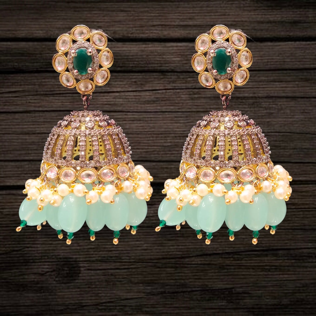 Moissanite Victorian Jhumka with Emerald Beads - Green Pearl Wedding Earrings