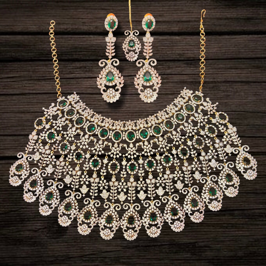 Emerald Zircon Bridal Choker Set with Maang Tikka - 24K Gold Rhodium