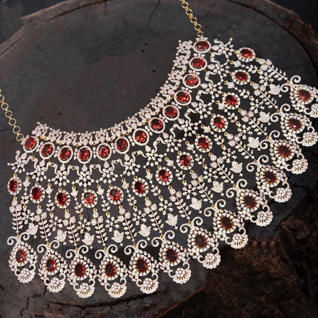 Ruby American Diamond Bridal Choker Set with Maang Tikka - 24K Gold