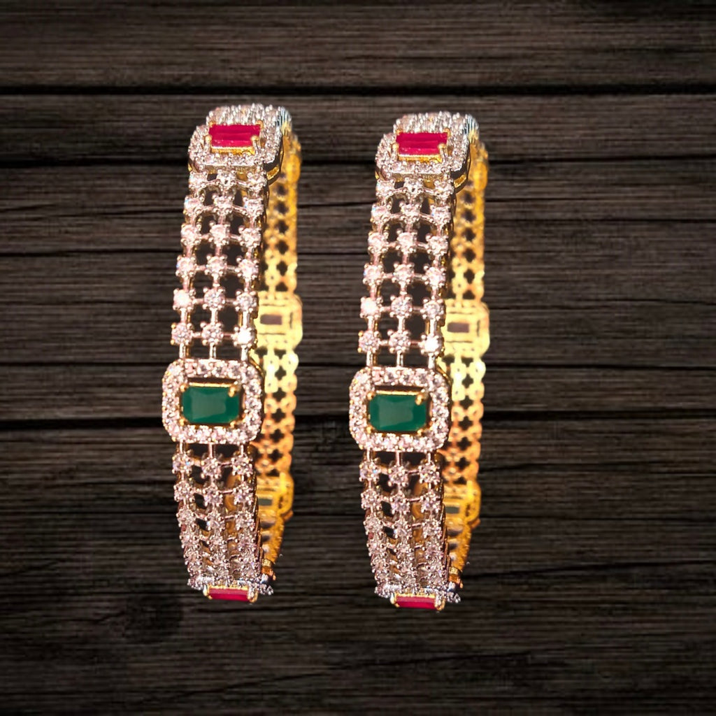 American Diamond Bangles with Ruby Emerald - 24K Gold Plated Set