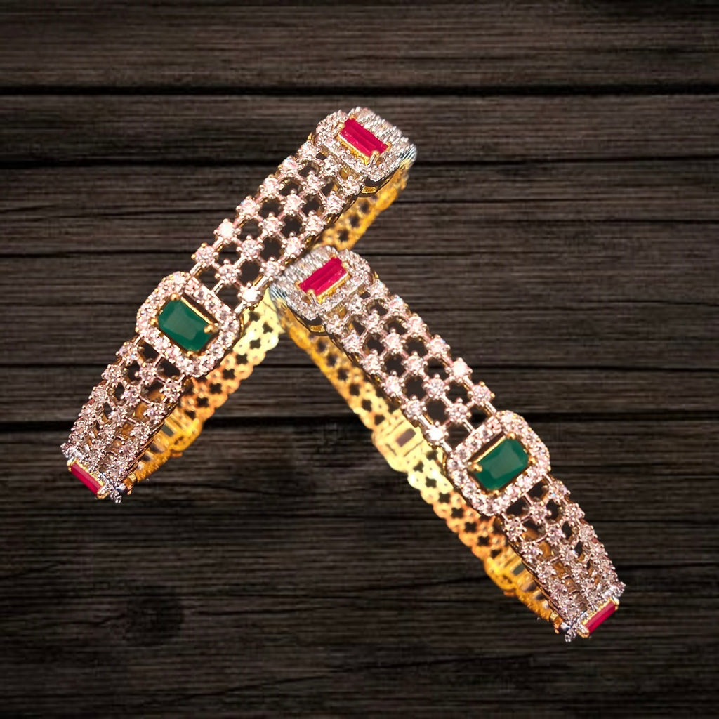 American Diamond Bangles with Ruby Emerald - 24K Gold Plated Set