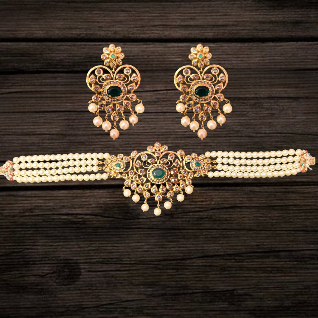 Uncut Diamond Pearl Choker Necklace - Premium Temple Jewelry Set