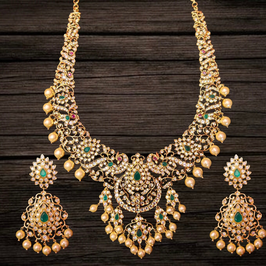 American Diamond Haram - 24K Gold Closed Setting Wedding Necklace with Pearls