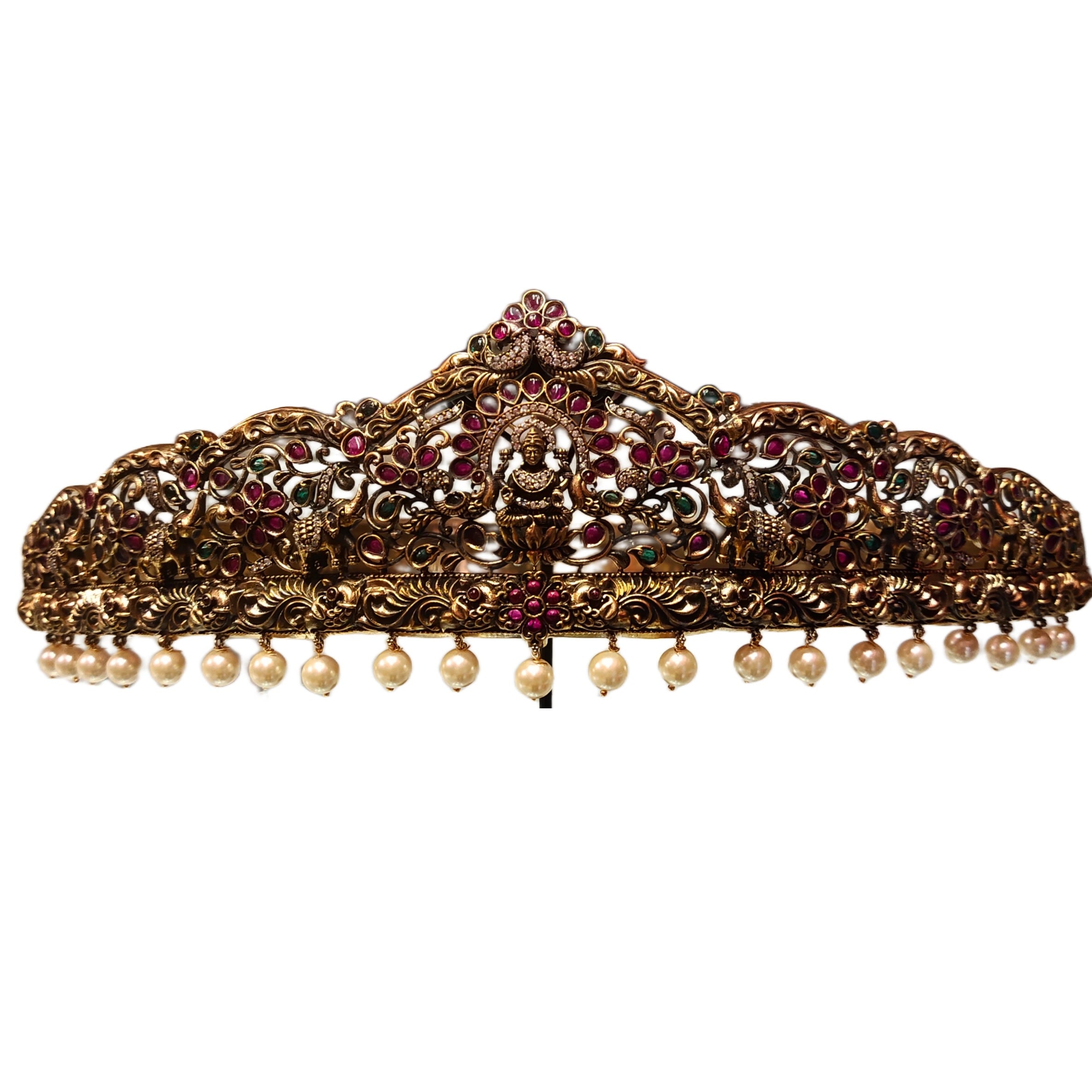 Antique Vaddanam - Goddess Lakshmi Kemp Stone Waist Belt with Pearls