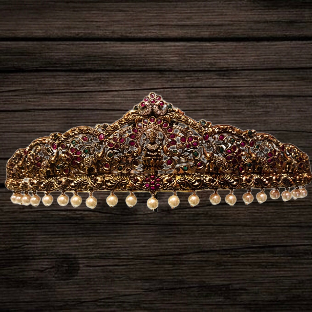 Antique Vaddanam - Goddess Lakshmi Kemp Stone Waist Belt with Pearls