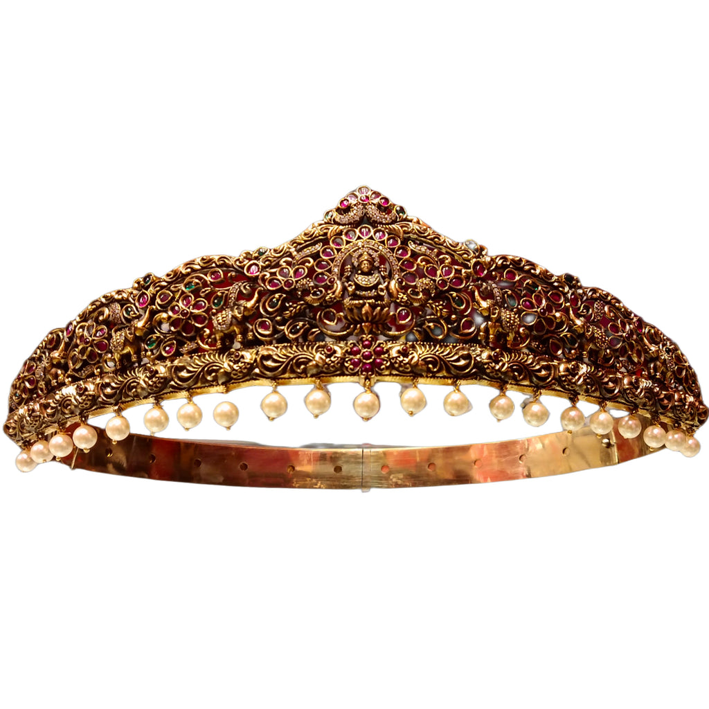 Antique Vaddanam - Goddess Lakshmi Kemp Stone Waist Belt with Pearls