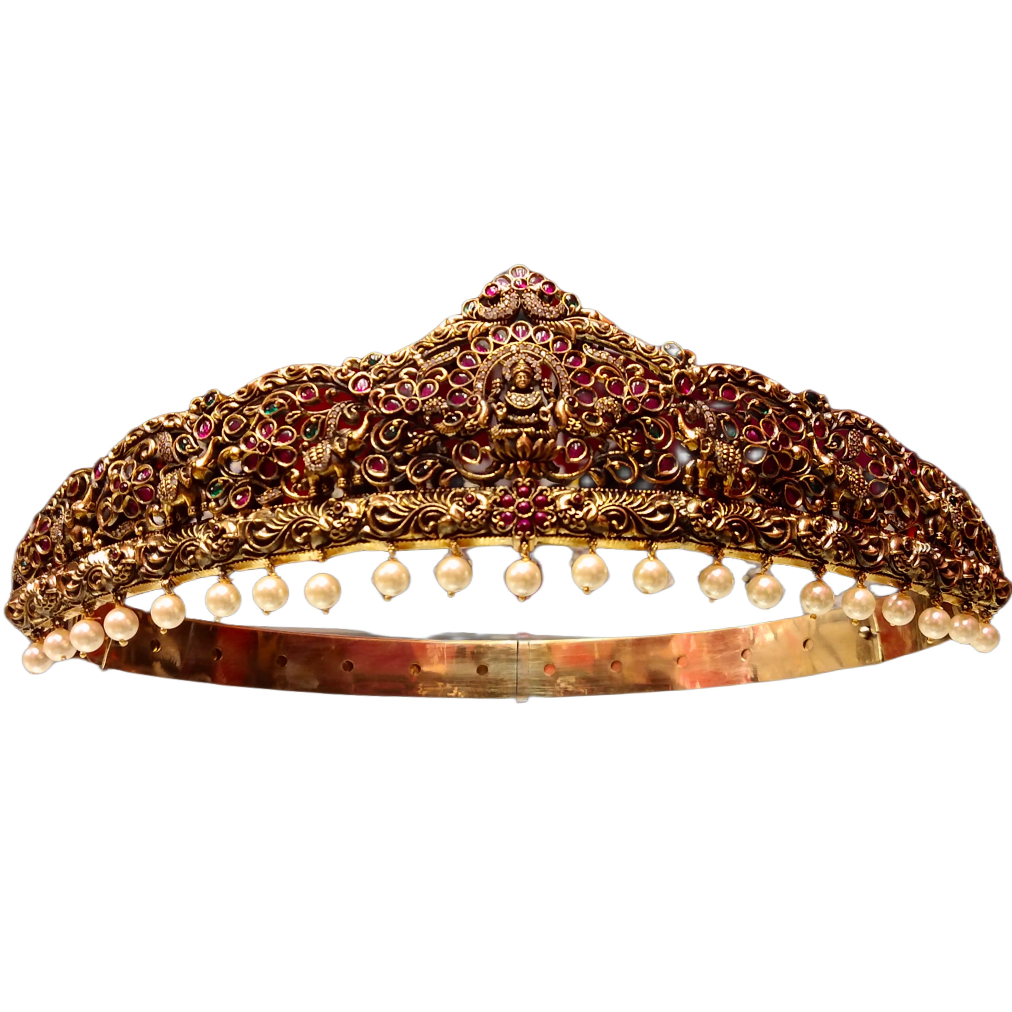 Antique Vaddanam - Goddess Lakshmi Kemp Stone Waist Belt with Pearls