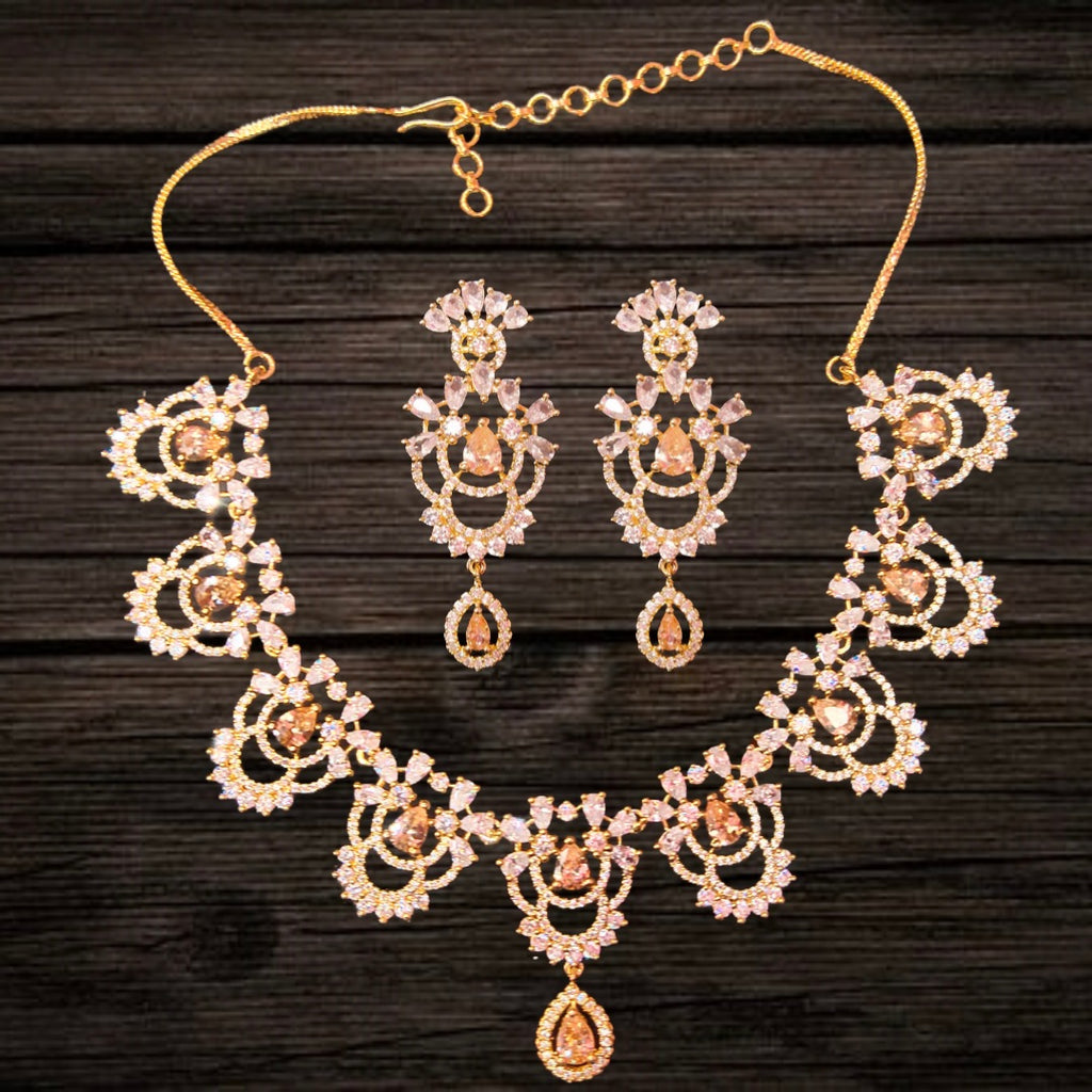 Gold Plated AD Necklace & Earring Set | Honey, Pink & Pastel Green