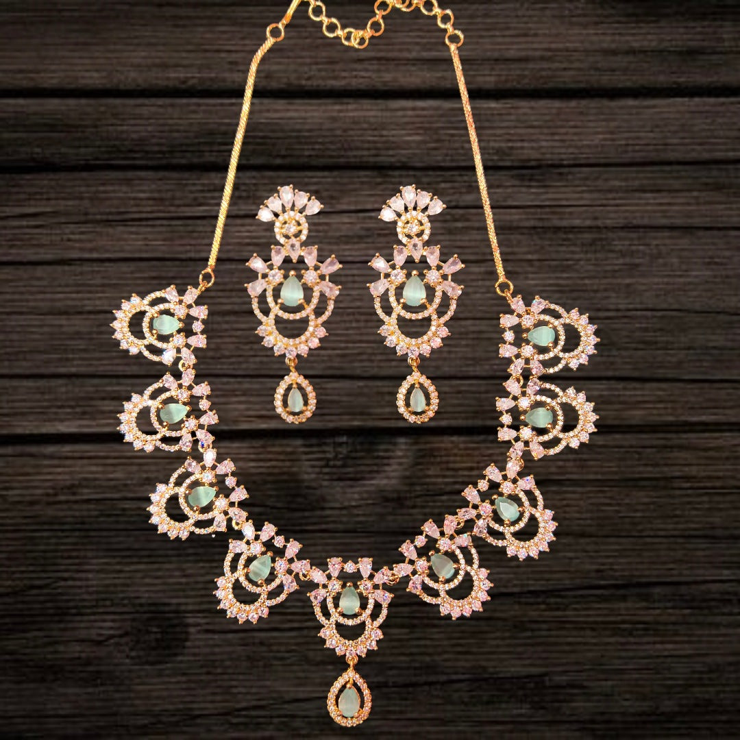 Gold Plated AD Necklace & Earring Set | Honey, Pink & Pastel Green