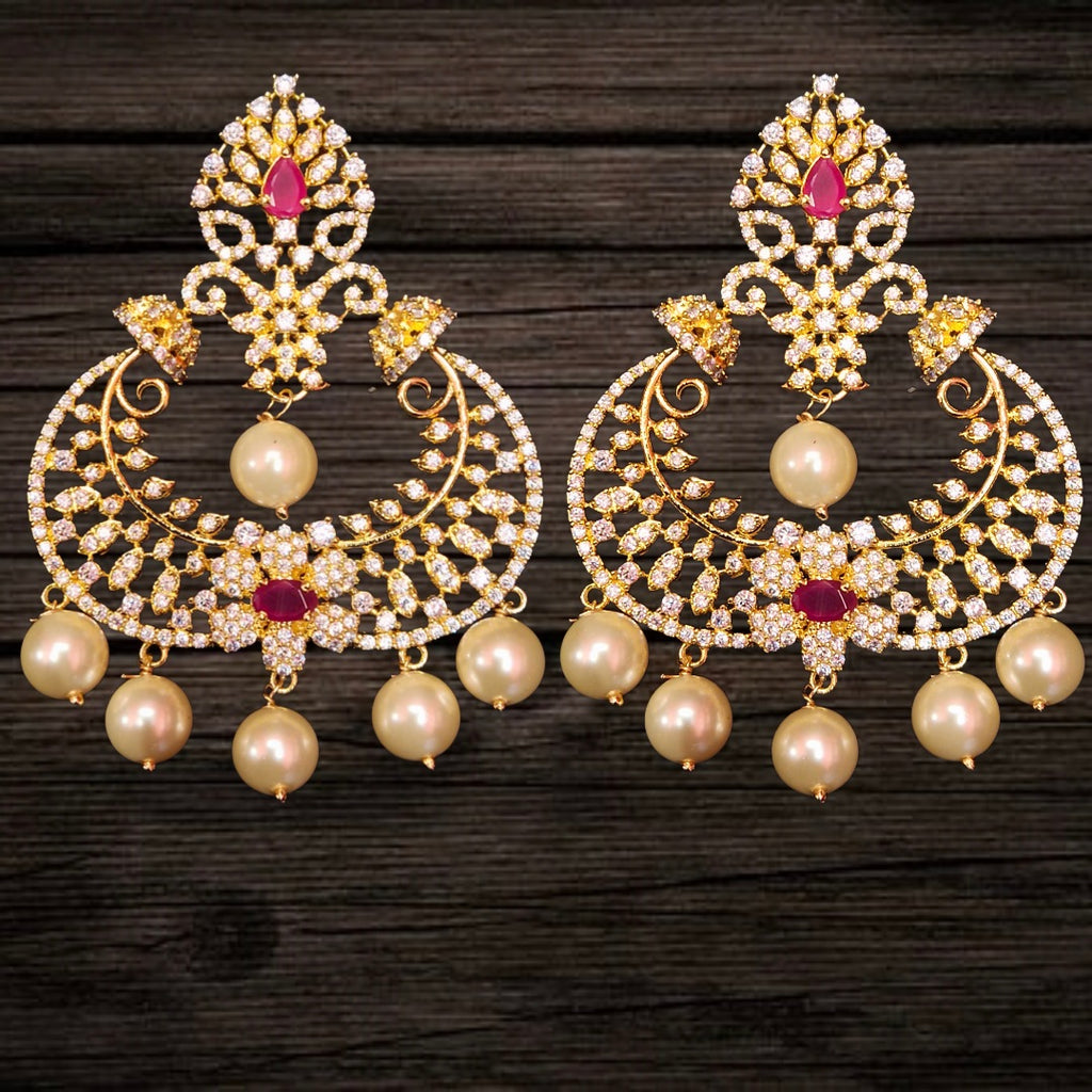 Traditional CZ Chandbali Earrings with Pearl Drops - 24K Gold Plated