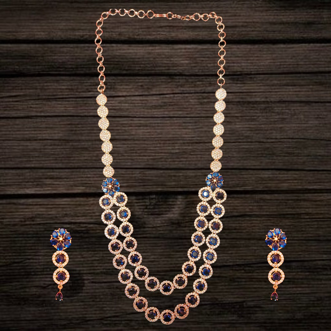 Blue Double Layer American Diamond Necklace Set - Rose Gold Layered Jewelry