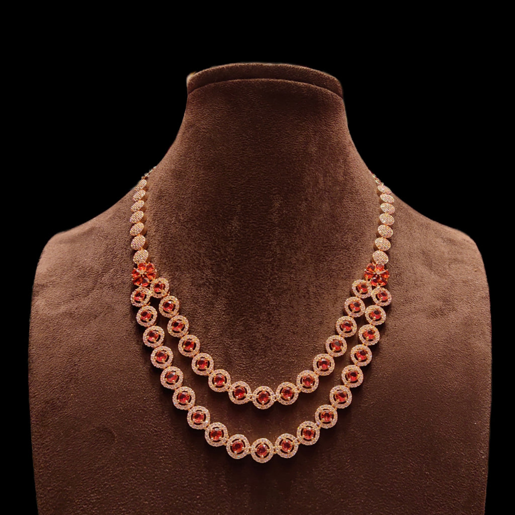 Red Double Layer American Diamond Necklace Set - Rose Gold Layered Jewelry